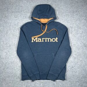 Marmot pullover Hoodie Mens Small Blue spell out Logo Sweatshirt Outdoor Hiking